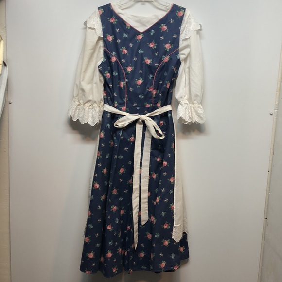 Handmade Dirndl Dress Floral Navy White eyeleted Lace Details apron Women's S M - Picture 7 of 11